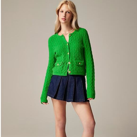 J.Crew Odette Cable Knit Sweater Lady Jacket Cotton Blend Boucle Green S NWT - Picture 1 of 14